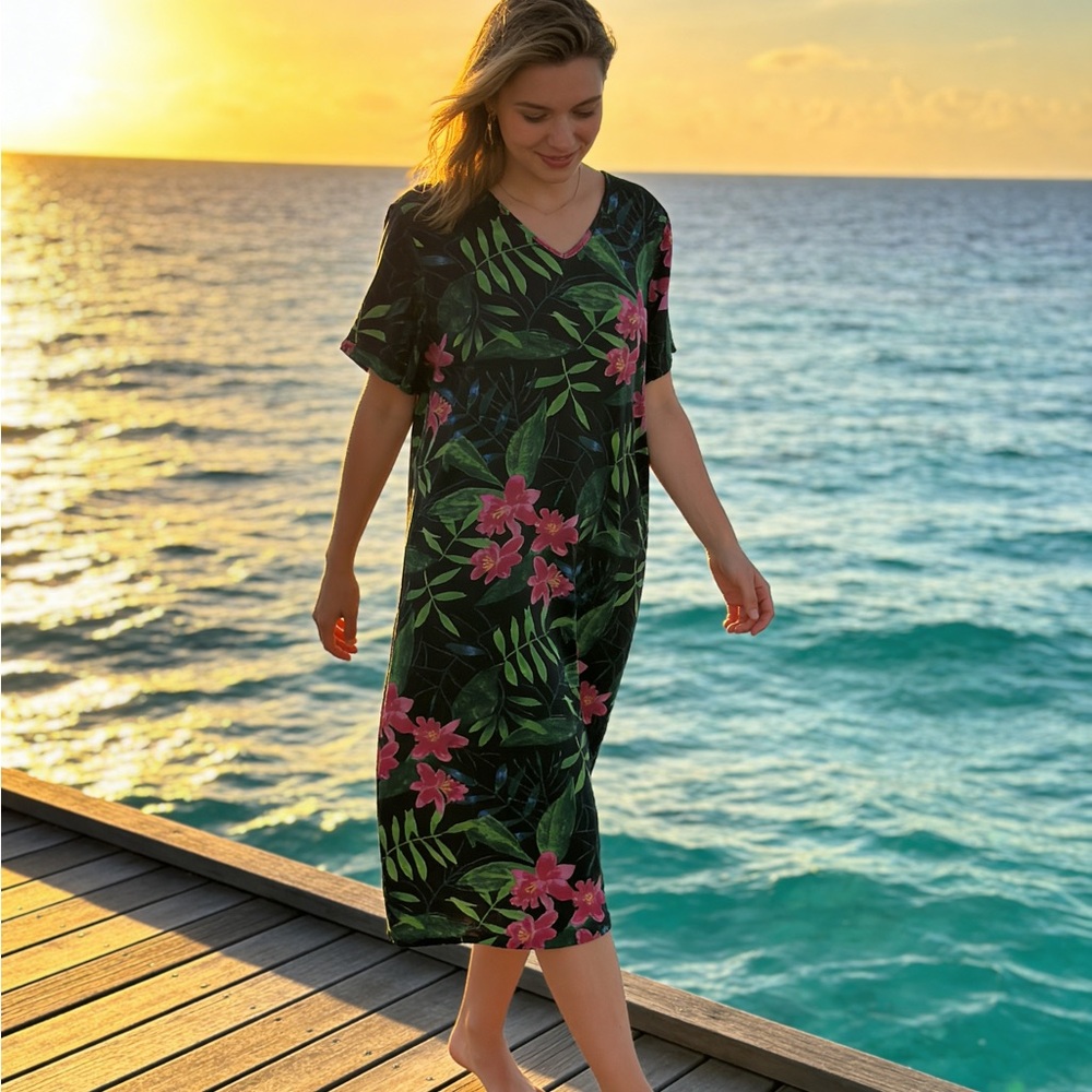 Women's Black Midi Dress with Pink Floral Print